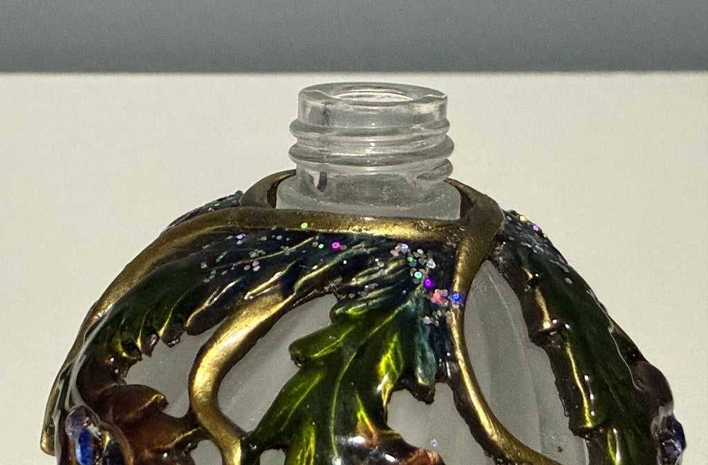 2006 Fitz and Floyd Guild Jeweled Peacock Perfume Bottle Frosted Glass