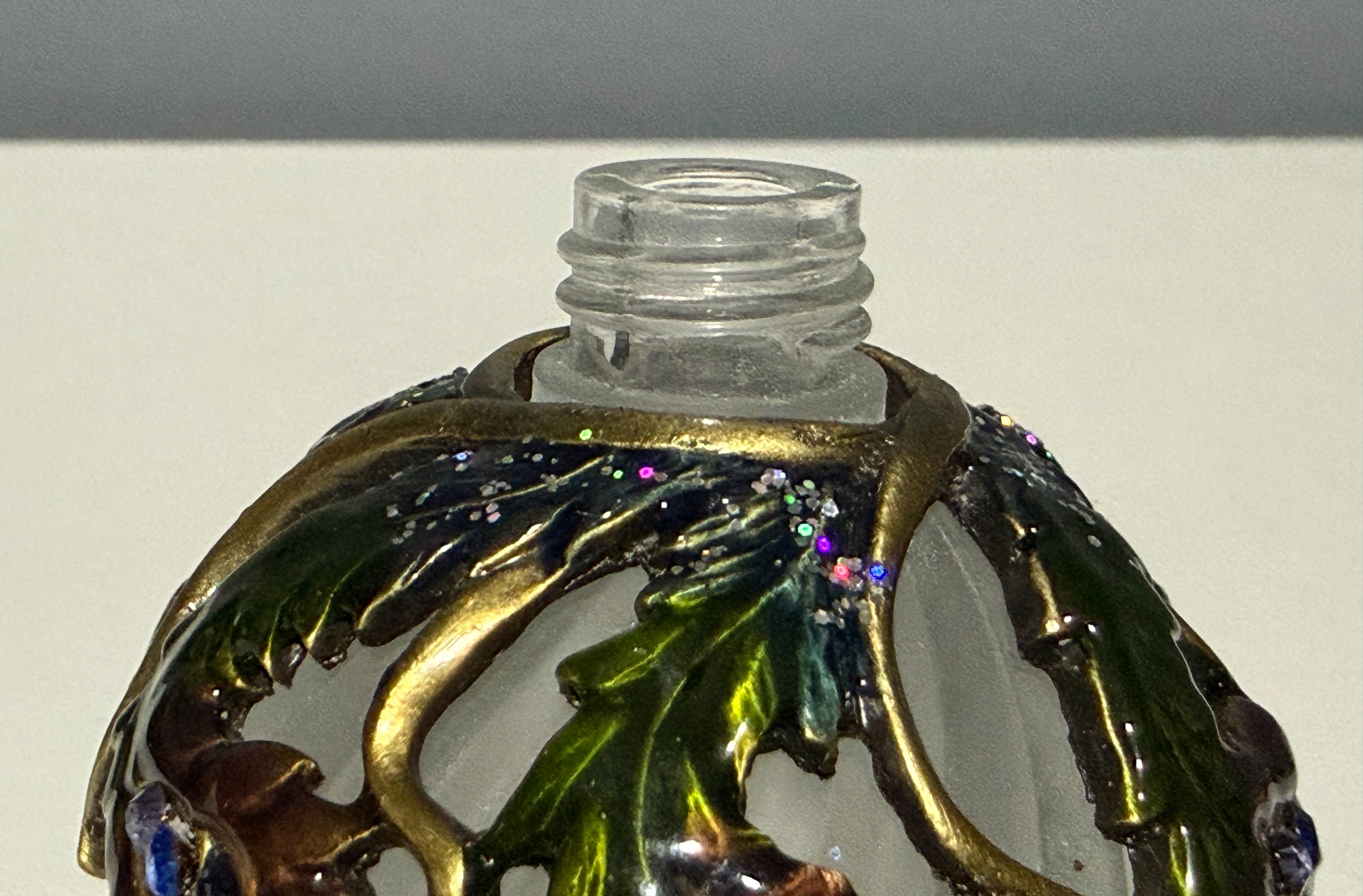 2006 Fitz and Floyd Guild Jeweled Peacock Perfume Bottle Frosted Glass