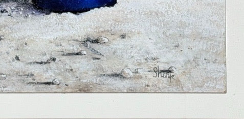 Original 1970s Pacific Northwest Oil on Board Painting Crow on Blue Drum by William Bill Sharp
