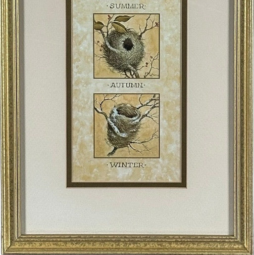 Vintage Nancy J Shumaker Pallan Bird Beginnings Seasonal Framed Prints Pair