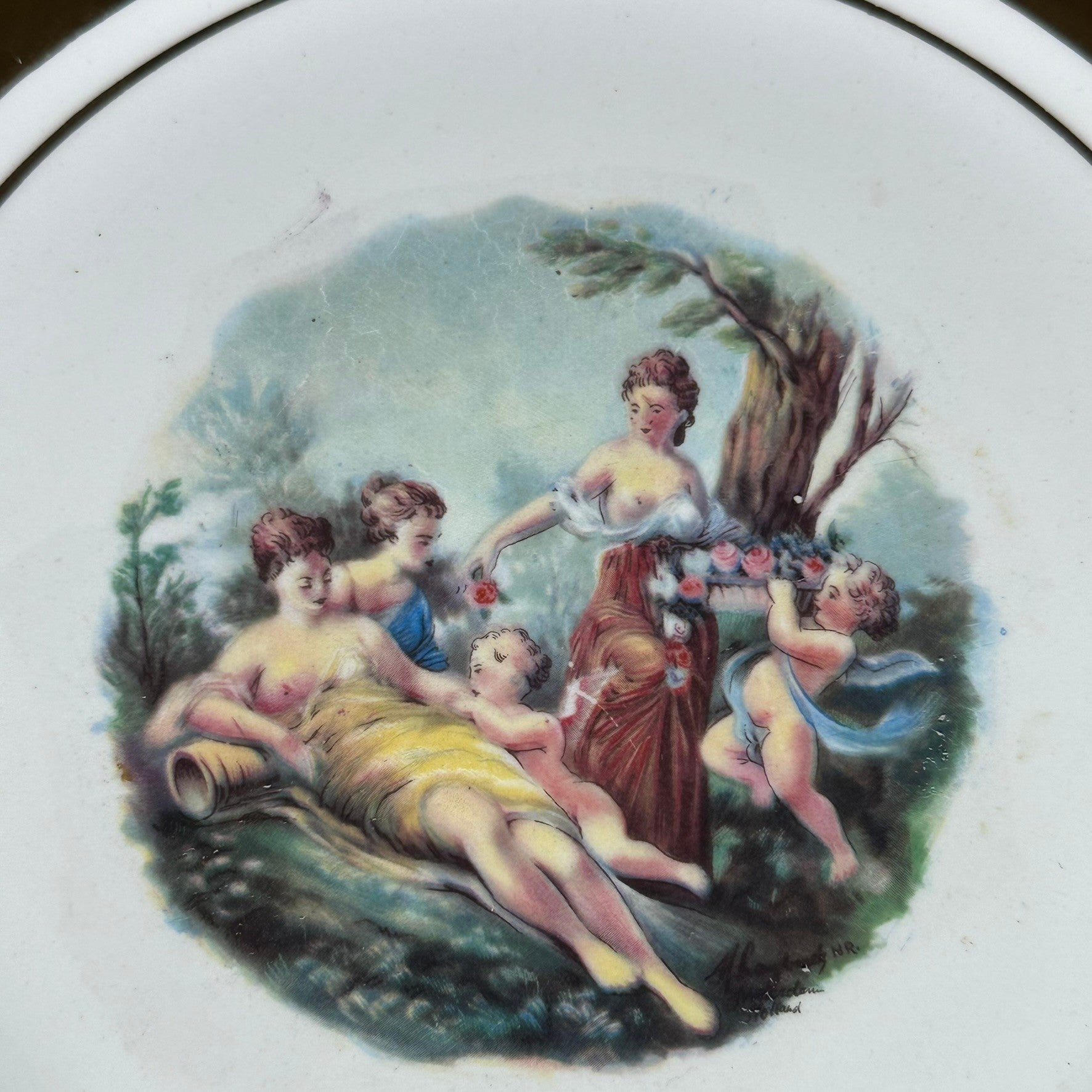 Vintage Manhattan Ware Crest of Gold Romantic Mythological Pastoral Scene Plates Set of Eight