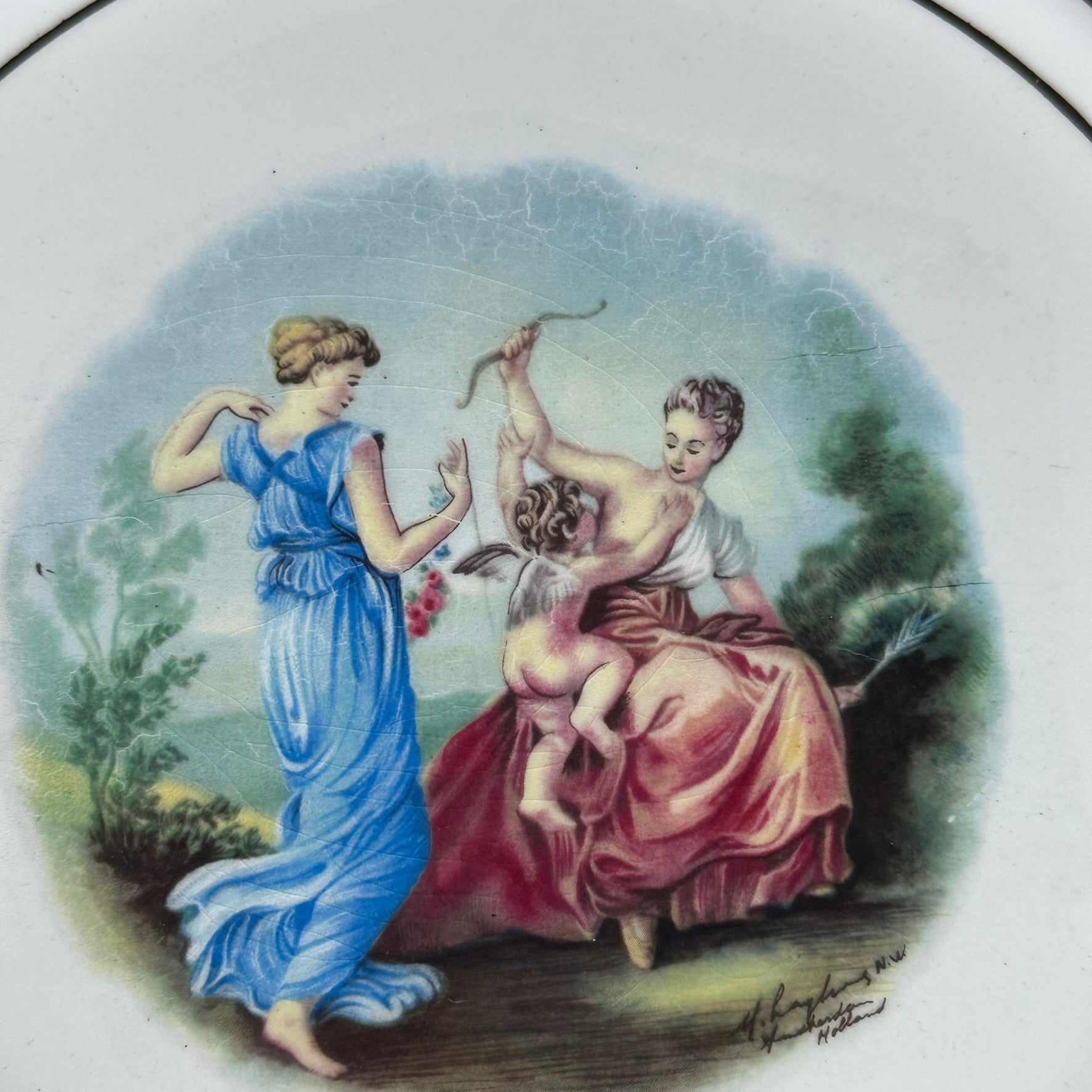 Vintage Manhattan Ware Crest of Gold Romantic Mythological Pastoral Scene Plates Set of Eight