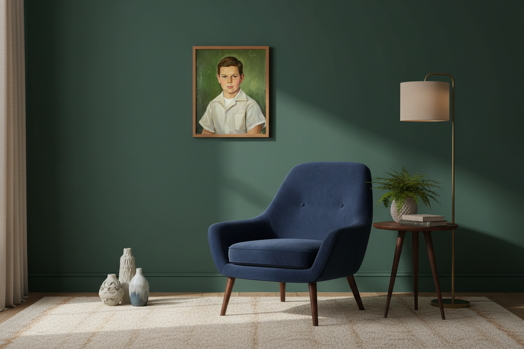 1954 Signed Tsune Kato Tokyo Oil Portrait of a Boy, Mid-Century Modern Japanese Academic Realism, Post-War Art, Sage Green Wall Decor