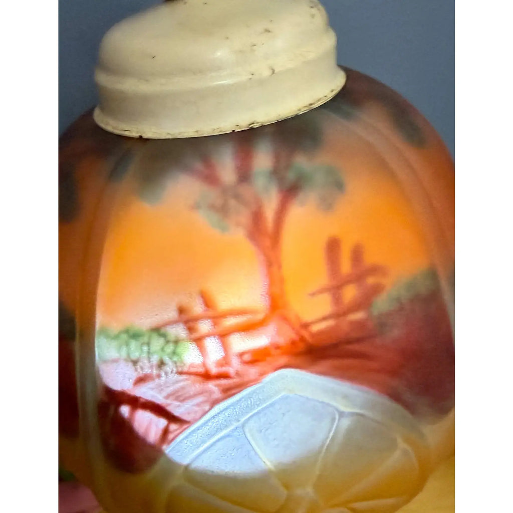 Antique 1920s Reverse Painted Puffed Glass Boudoir Lamp Jefferson Style Scenic Sunset