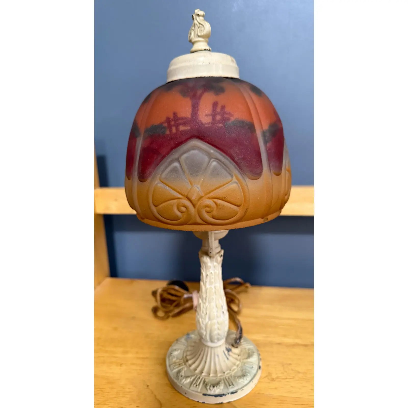 Antique 1920s Reverse Painted Puffed Glass Boudoir Lamp Jefferson Style Scenic Sunset