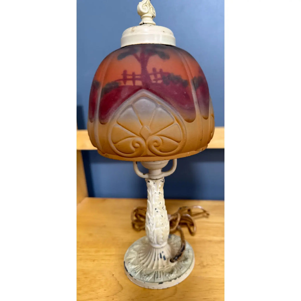 Antique 1920s Reverse Painted Puffed Glass Boudoir Lamp Jefferson Style Scenic Sunset