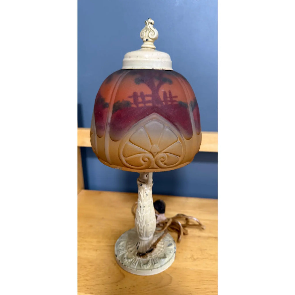 Antique 1920s Reverse Painted Puffed Glass Boudoir Lamp Jefferson Style Scenic Sunset