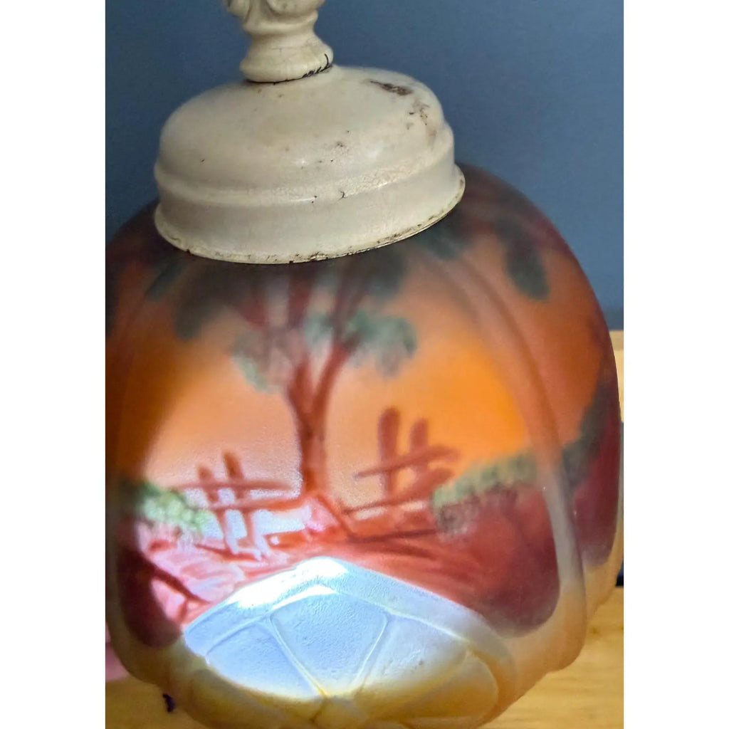 Antique 1920s Reverse Painted Puffed Glass Boudoir Lamp Jefferson Style Scenic Sunset