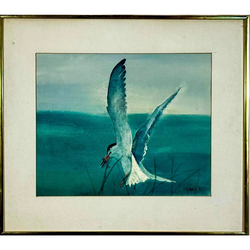 Original 1987 Coastal Watercolor "The Catch" Common Tern Bird Study - Signed C. G. Hurth