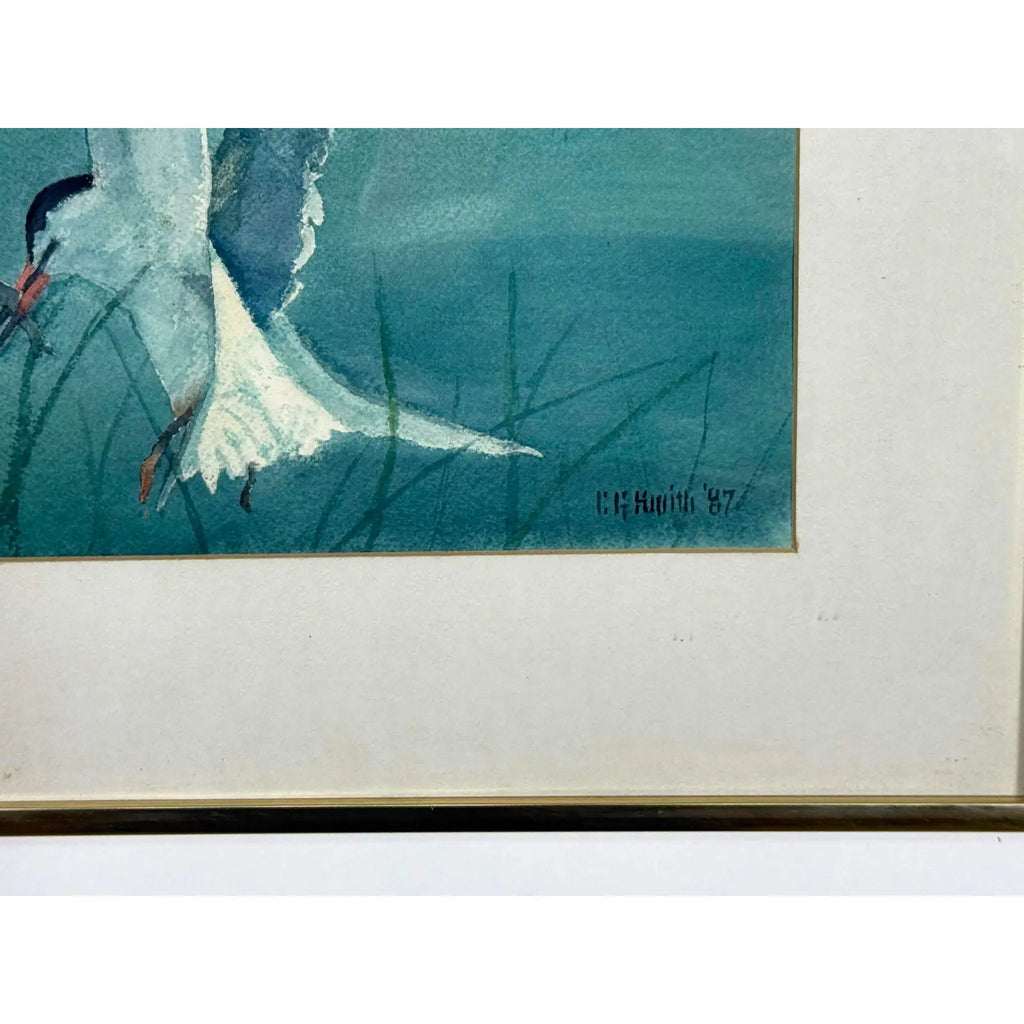 Original 1987 Coastal Watercolor "The Catch" Common Tern Bird Study - Signed C. G. Hurth