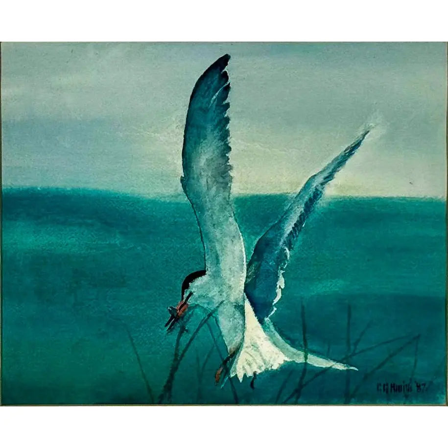 Original 1987 Coastal Watercolor "The Catch" Common Tern Bird Study - Signed C. G. Hurth