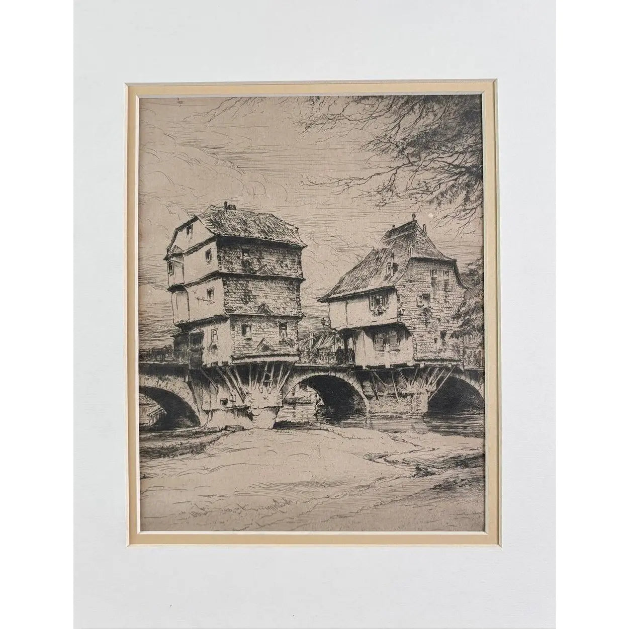 Original Signed Paul Geissler Etching | Historic Brückenhäuser, Bad Kreuznach | German Architectural Art | Circa 1930