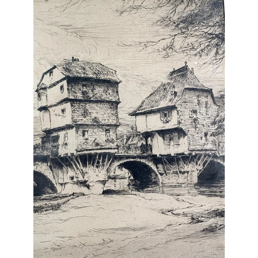 Original Signed Paul Geissler Etching | Historic Brückenhäuser, Bad Kreuznach | German Architectural Art | Circa 1930
