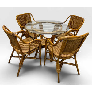 Vintage French Style Bistro Bamboo And Rattan Dining Set Round Glass Top Table And Four Armchairs 5 Pieces