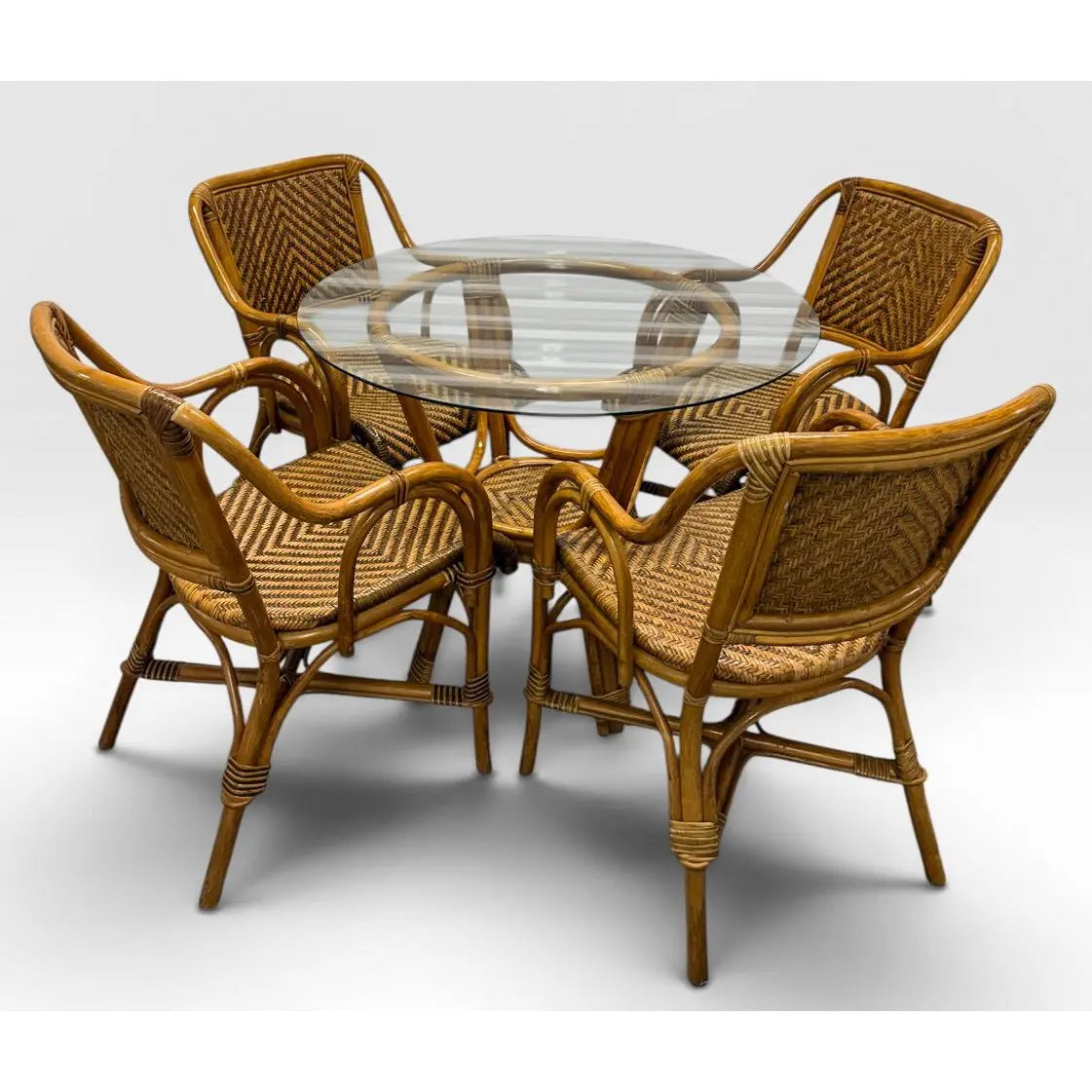 Vintage French Style Bistro Bamboo And Rattan Dining Set Round Glass Top Table And Four Armchairs 5 Pieces