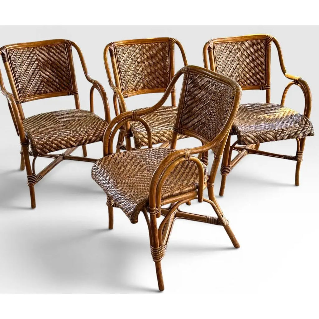 Vintage French Style Bistro Bamboo And Rattan Dining Set Round Glass Top Table And Four Armchairs 5 Pieces