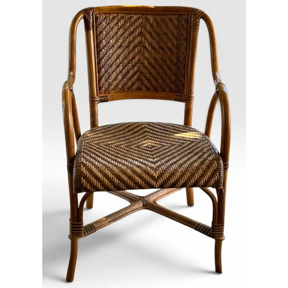 Vintage French Style Bistro Bamboo And Rattan Dining Set Round Glass Top Table And Four Armchairs 5 Pieces