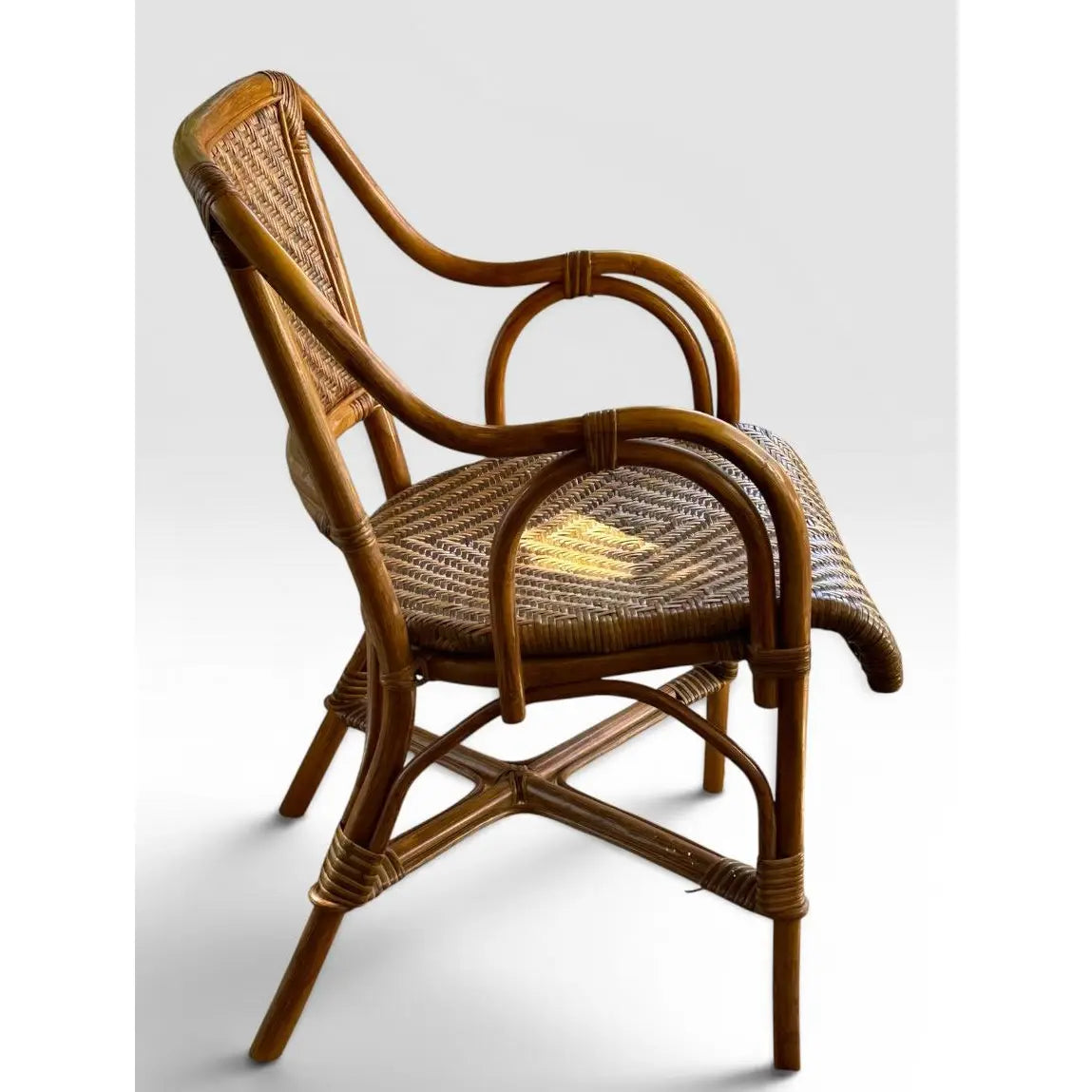 Vintage French Style Bistro Bamboo And Rattan Dining Set Round Glass Top Table And Four Armchairs 5 Pieces