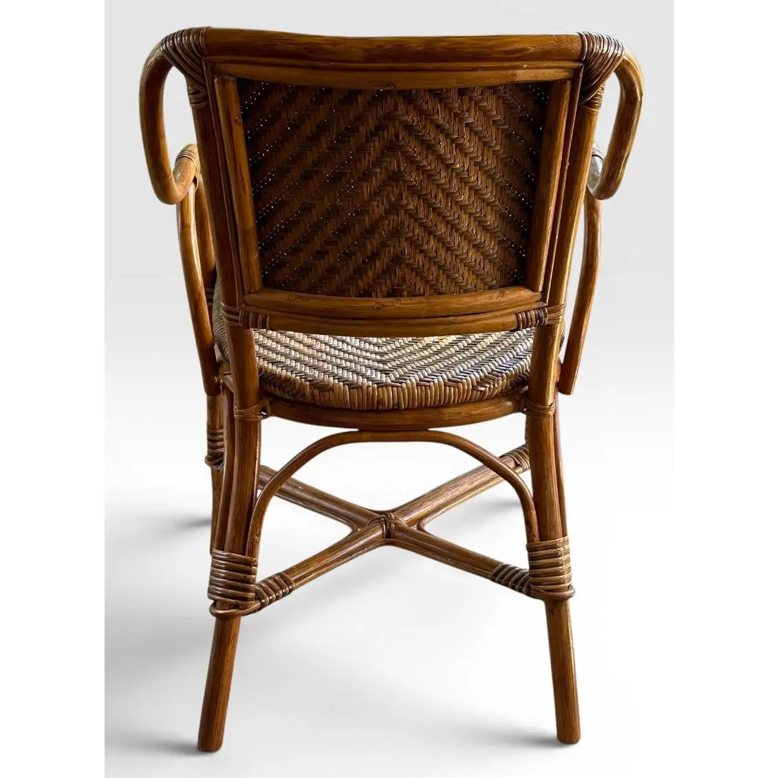 Vintage French Style Bistro Bamboo And Rattan Dining Set Round Glass Top Table And Four Armchairs 5 Pieces