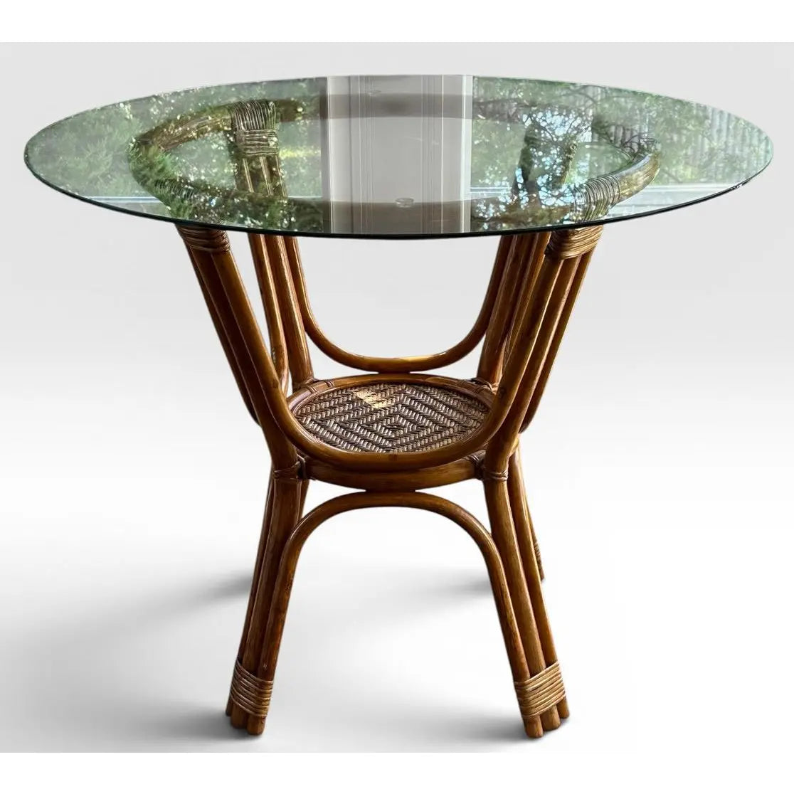 Vintage French Style Bistro Bamboo And Rattan Dining Set Round Glass Top Table And Four Armchairs 5 Pieces