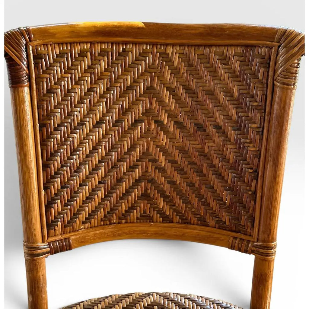 Vintage French Style Bistro Bamboo And Rattan Dining Set Round Glass Top Table And Four Armchairs 5 Pieces