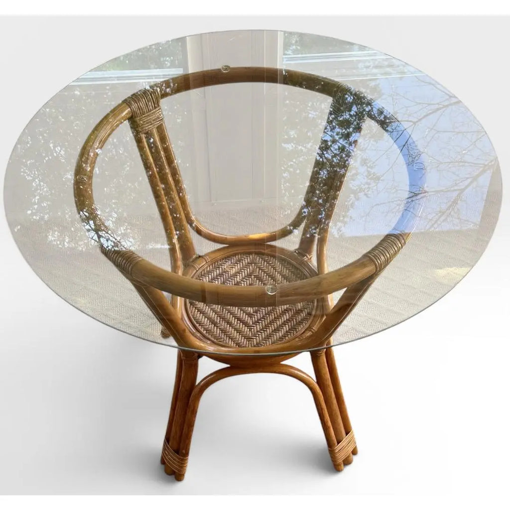 Vintage French Style Bistro Bamboo And Rattan Dining Set Round Glass Top Table And Four Armchairs 5 Pieces