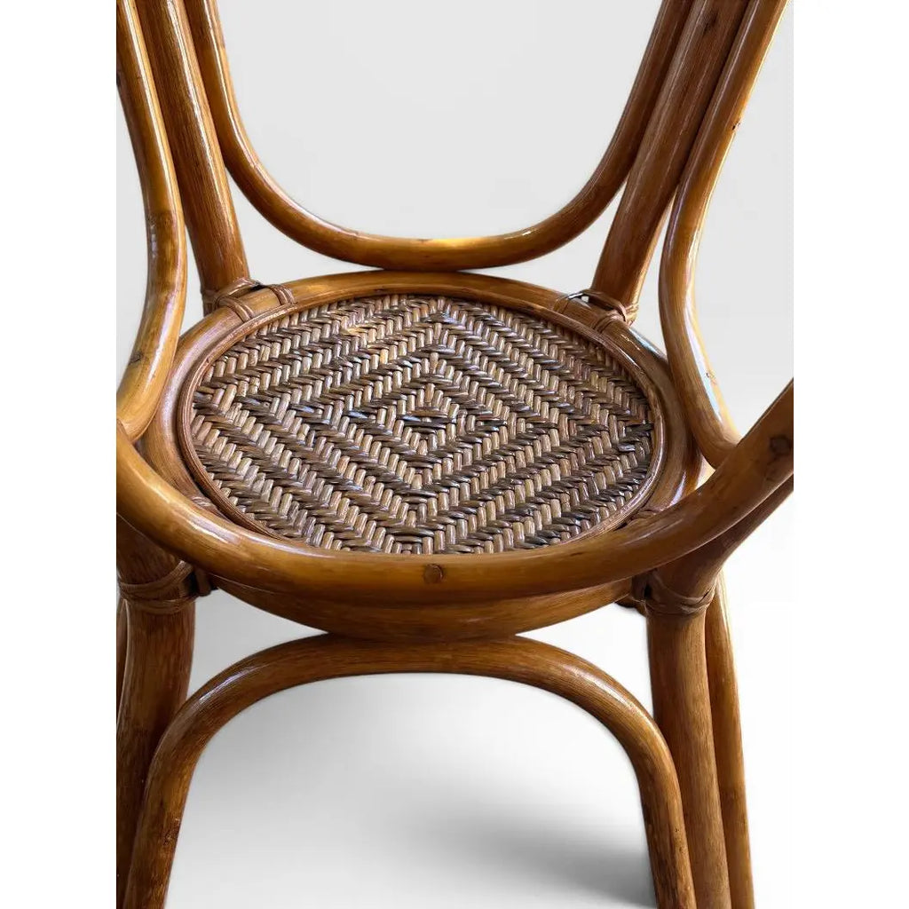 Vintage French Style Bistro Bamboo And Rattan Dining Set Round Glass Top Table And Four Armchairs 5 Pieces