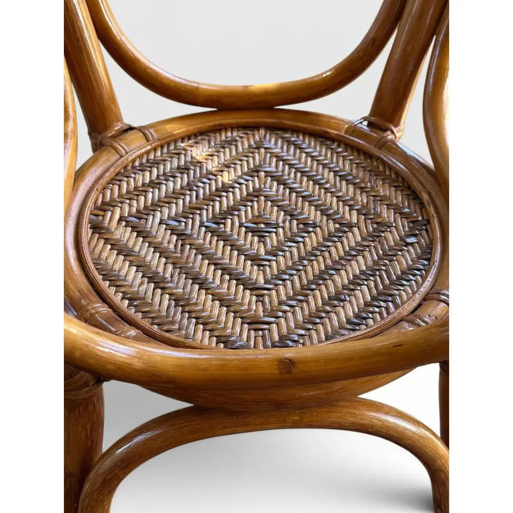 Vintage French Style Bistro Bamboo And Rattan Dining Set Round Glass Top Table And Four Armchairs 5 Pieces