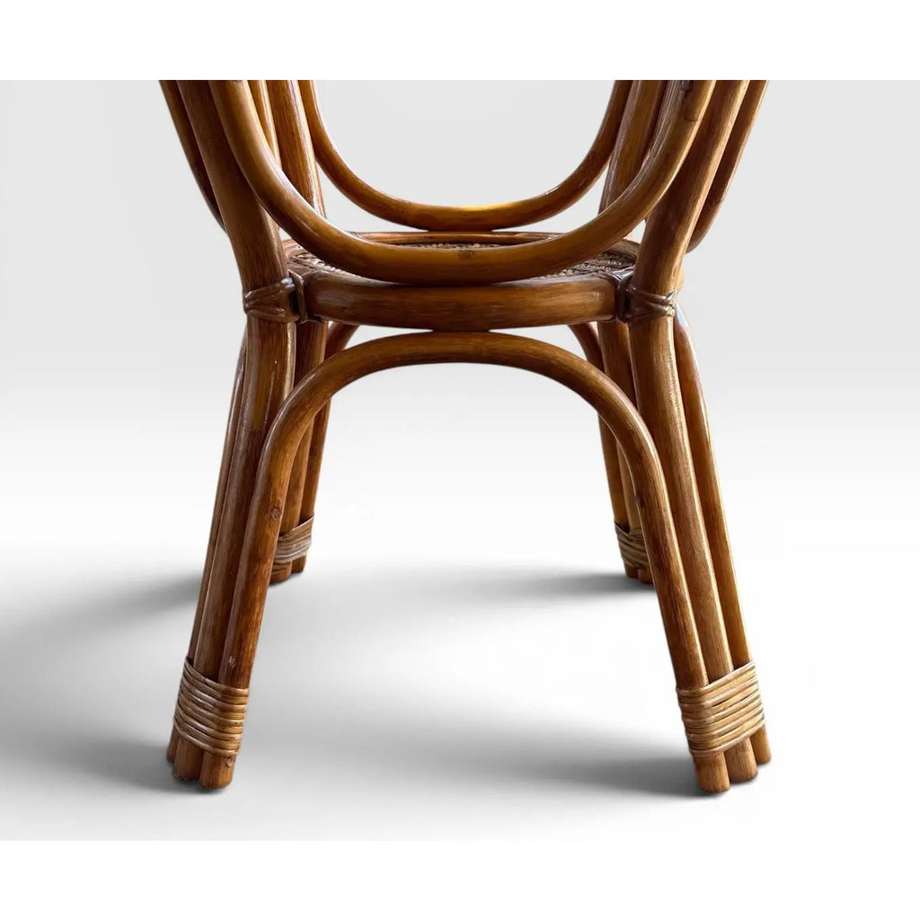Vintage French Style Bistro Bamboo And Rattan Dining Set Round Glass Top Table And Four Armchairs 5 Pieces