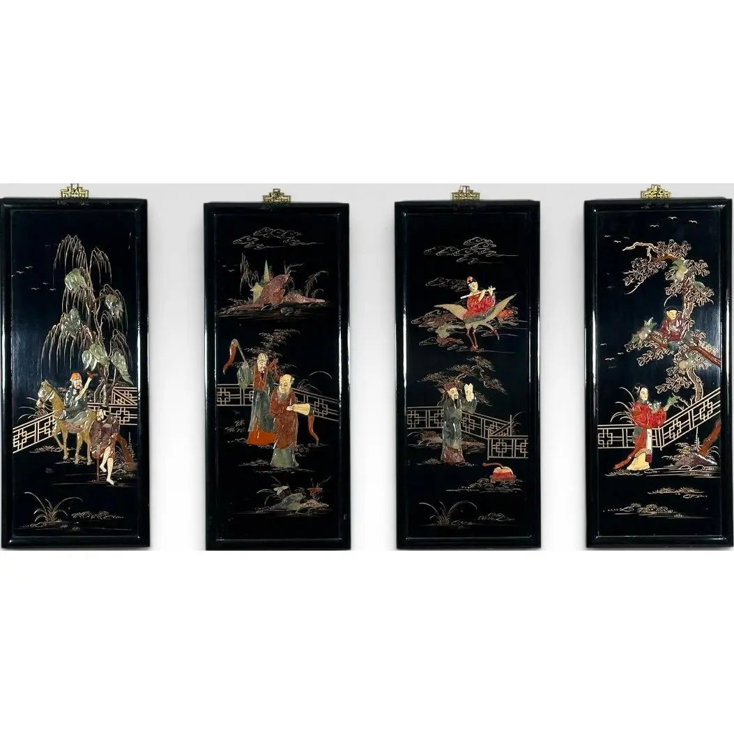 Vintage Chinese Black Lacquer and Inlaid Soapstone Wall Panels Set of Four
