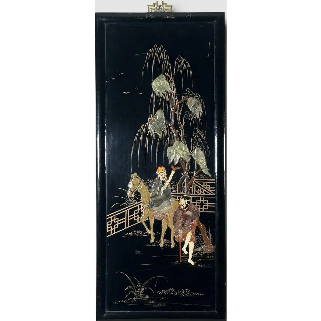 Vintage Chinese Black Lacquer and Inlaid Soapstone Wall Panels Set of Four