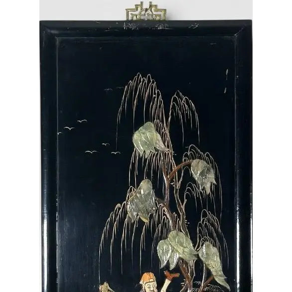 Vintage Chinese Black Lacquer and Inlaid Soapstone Wall Panels Set of Four