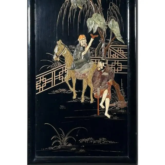 Vintage Chinese Black Lacquer and Inlaid Soapstone Wall Panels Set of Four
