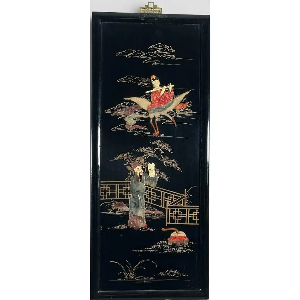 Vintage Chinese Black Lacquer and Inlaid Soapstone Wall Panels Set of Four