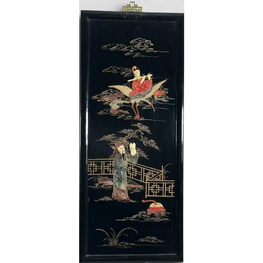 Vintage Chinese Black Lacquer and Inlaid Soapstone Wall Panels Set of Four