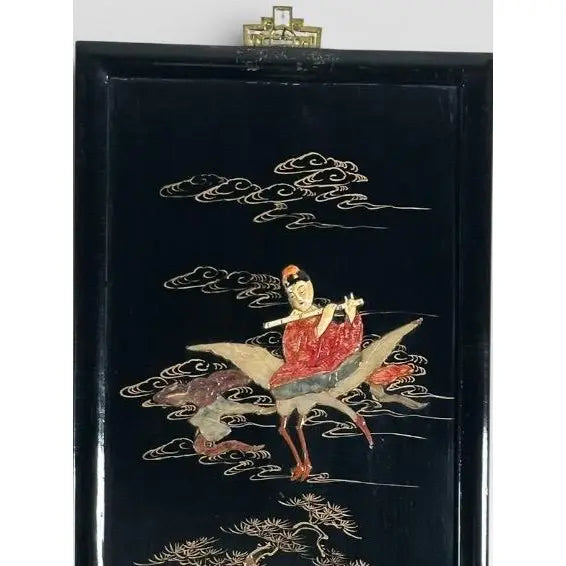 Vintage Chinese Black Lacquer and Inlaid Soapstone Wall Panels Set of Four