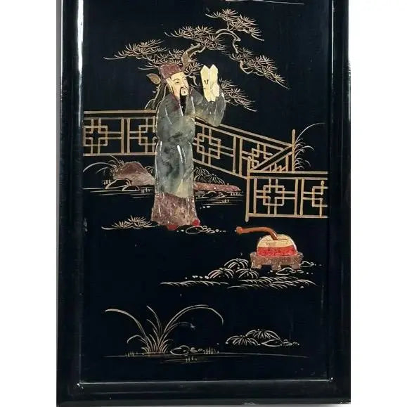 Vintage Chinese Black Lacquer and Inlaid Soapstone Wall Panels Set of Four