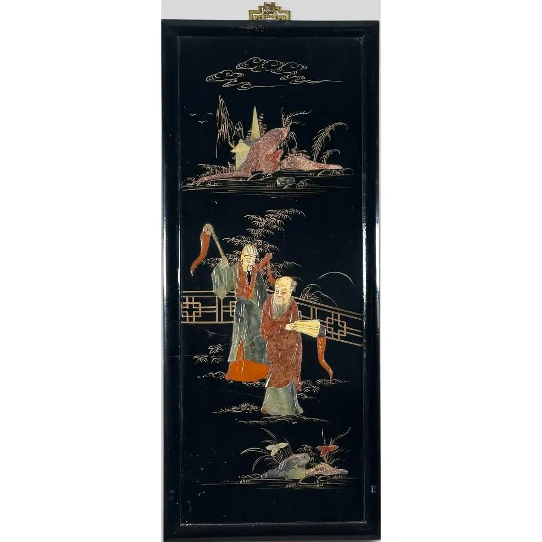 Vintage Chinese Black Lacquer and Inlaid Soapstone Wall Panels Set of Four