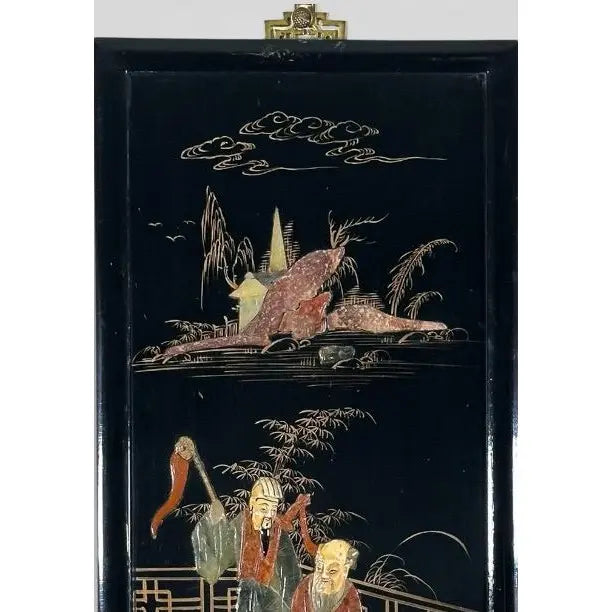 Vintage Chinese Black Lacquer and Inlaid Soapstone Wall Panels Set of Four