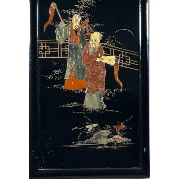 Vintage Chinese Black Lacquer and Inlaid Soapstone Wall Panels Set of Four