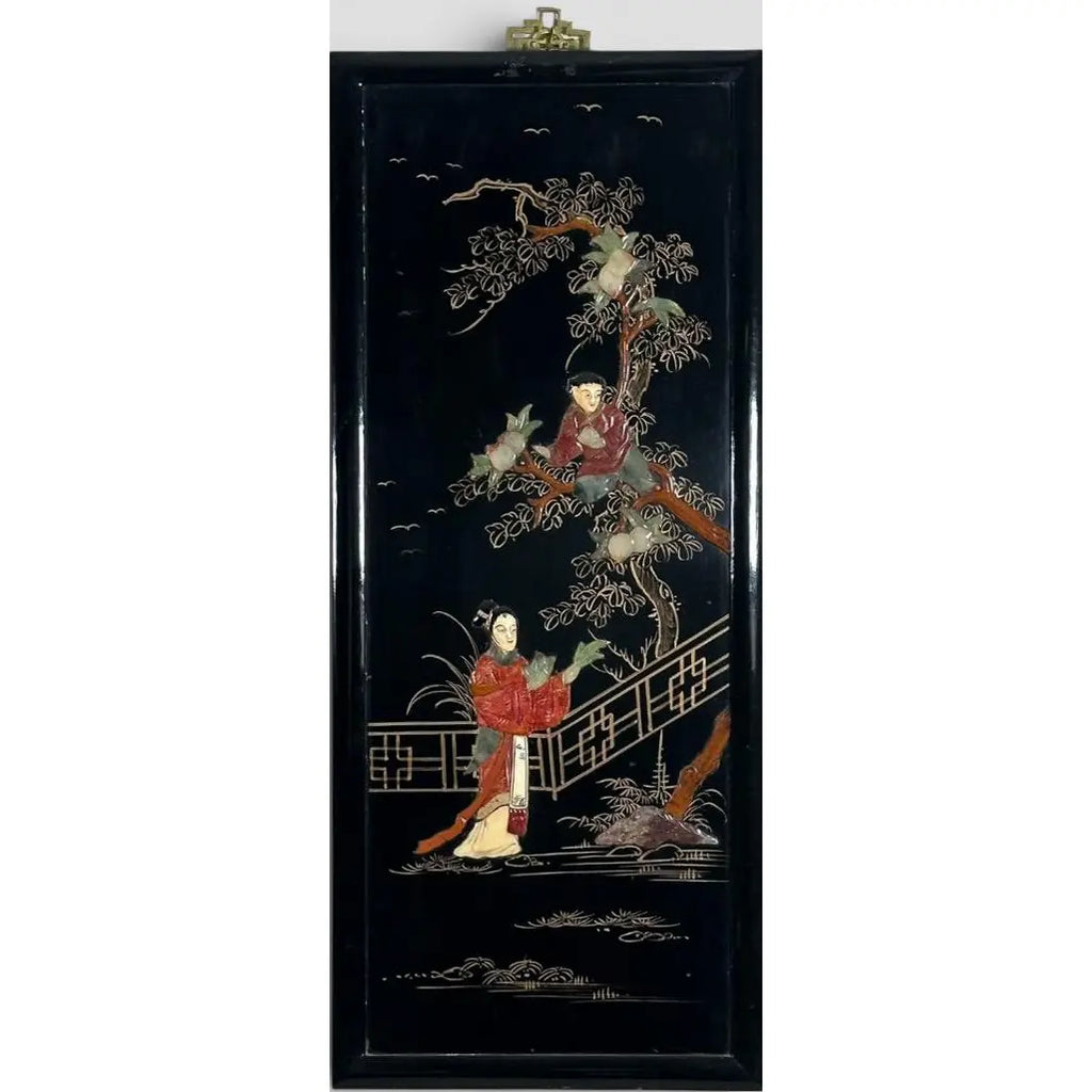 Vintage Chinese Black Lacquer and Inlaid Soapstone Wall Panels Set of Four