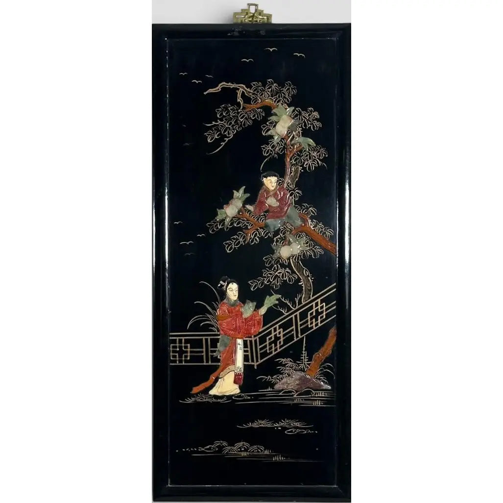 Vintage Chinese Black Lacquer and Inlaid Soapstone Wall Panels Set of Four