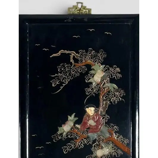 Vintage Chinese Black Lacquer and Inlaid Soapstone Wall Panels Set of Four