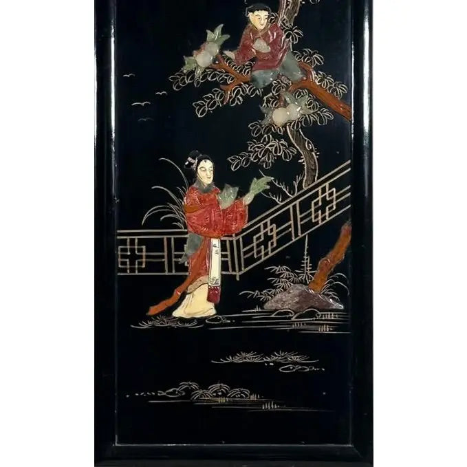 Vintage Chinese Black Lacquer and Inlaid Soapstone Wall Panels Set of Four
