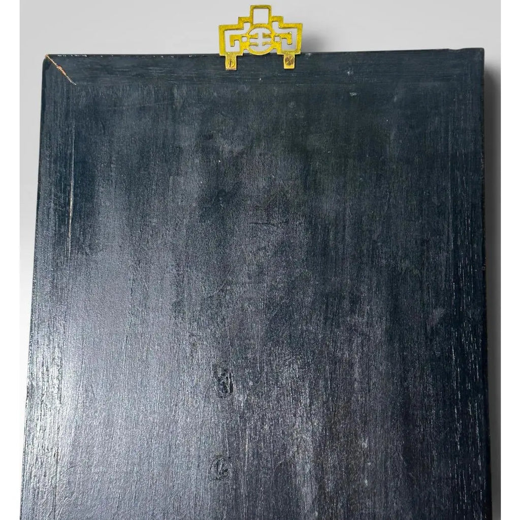 Vintage Chinese Black Lacquer and Inlaid Soapstone Wall Panels Set of Four