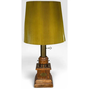 Antique Victorian Converted Brass Column Lamp on Wood Base With 1786 Plaque