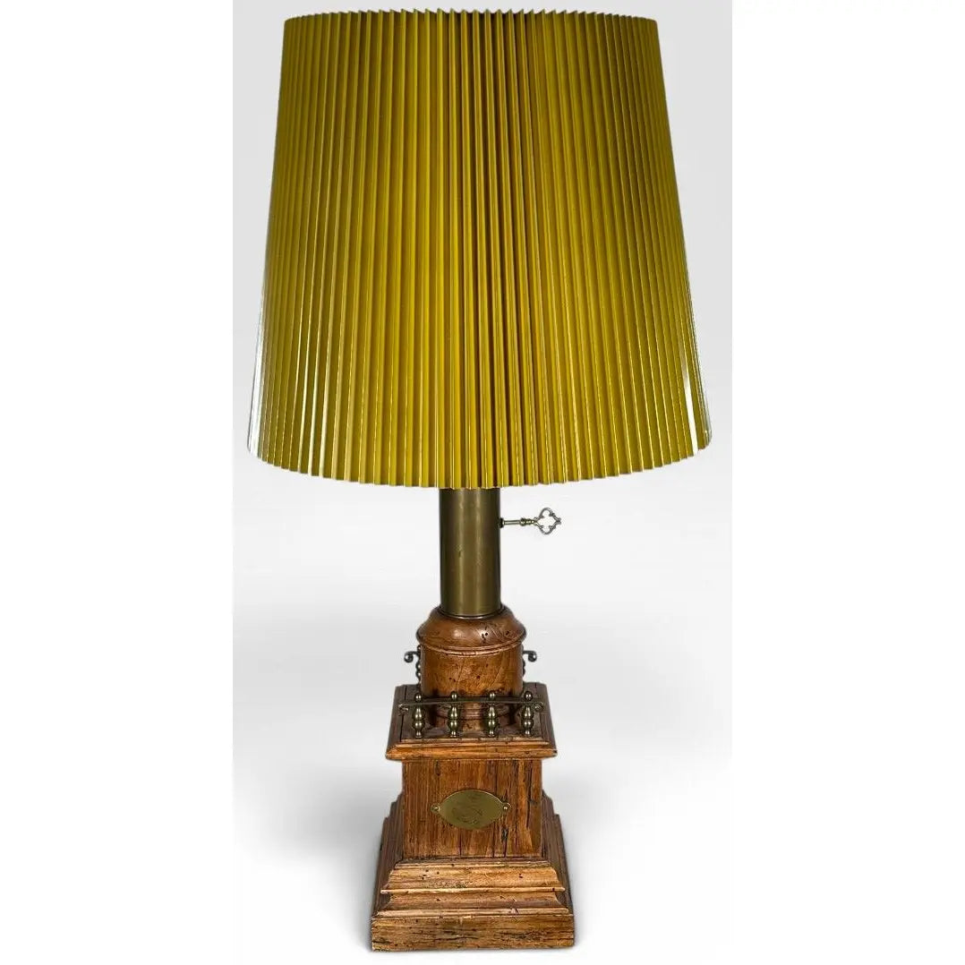 Antique Victorian Converted Brass Column Lamp on Wood Base With 1786 Plaque