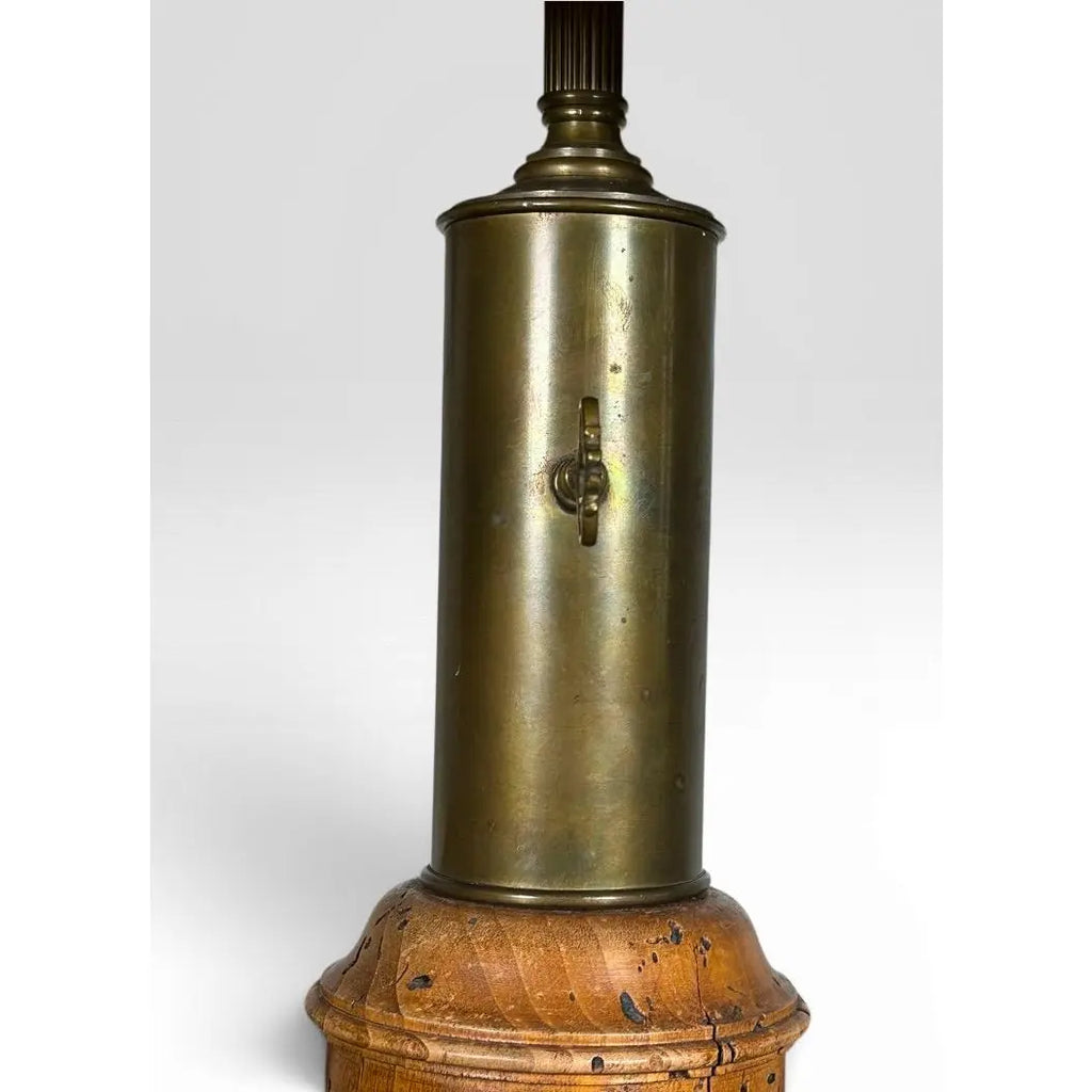 Antique Victorian Converted Brass Column Lamp on Wood Base With 1786 Plaque
