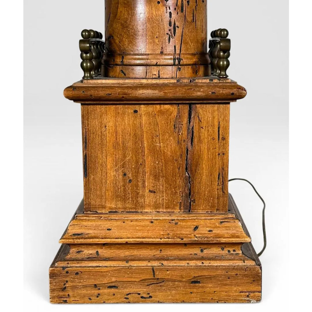 Antique Victorian Converted Brass Column Lamp on Wood Base With 1786 Plaque