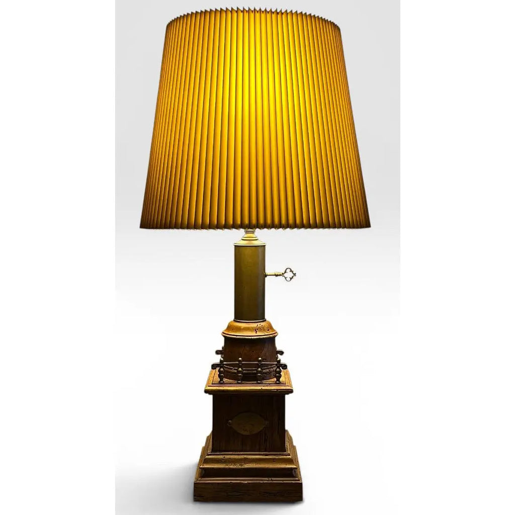 Antique Victorian Converted Brass Column Lamp on Wood Base With 1786 Plaque